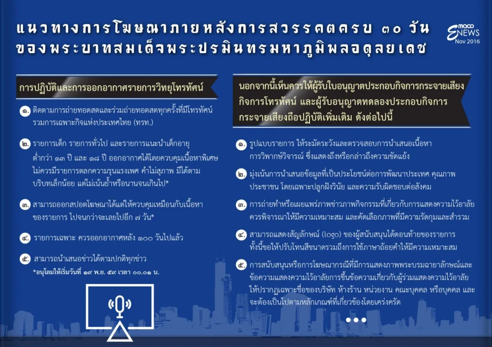 แนวทางการโฆษณาภายหลังการสวรรคตครบ ๓๐ วันของพระบาทสมเด็จพระปรมินทรมหาภูมิพลอดุลยเดช